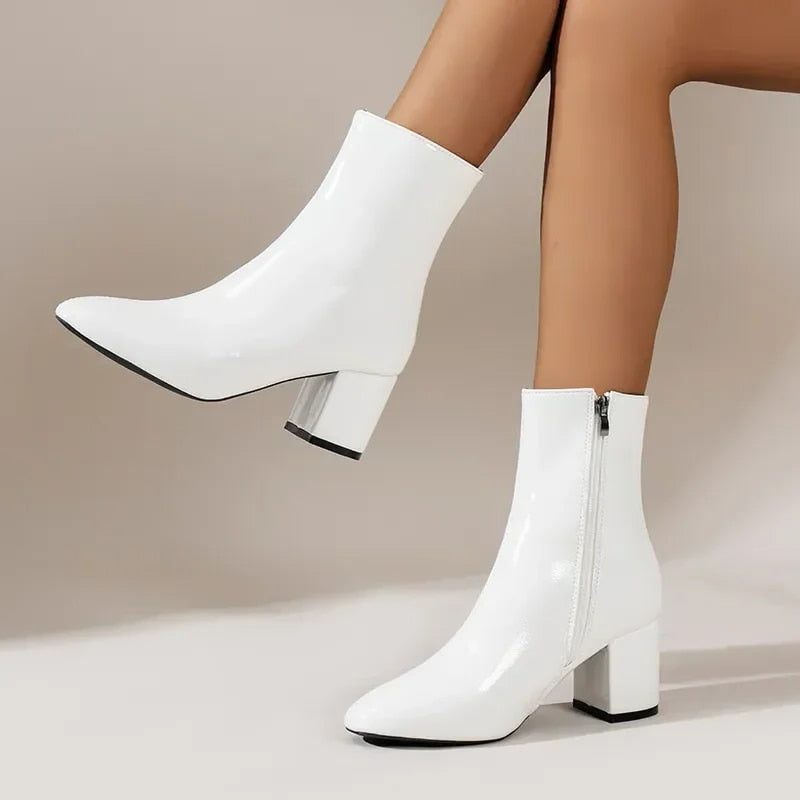 Damen Stiefeletten mit Spitzer Zehenpartie und Blockabsatz - Weiss