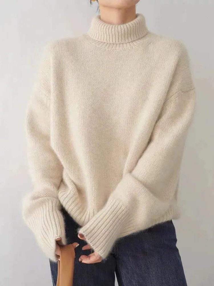 Damen Rollkragen Strickpullover Oversize - Beige