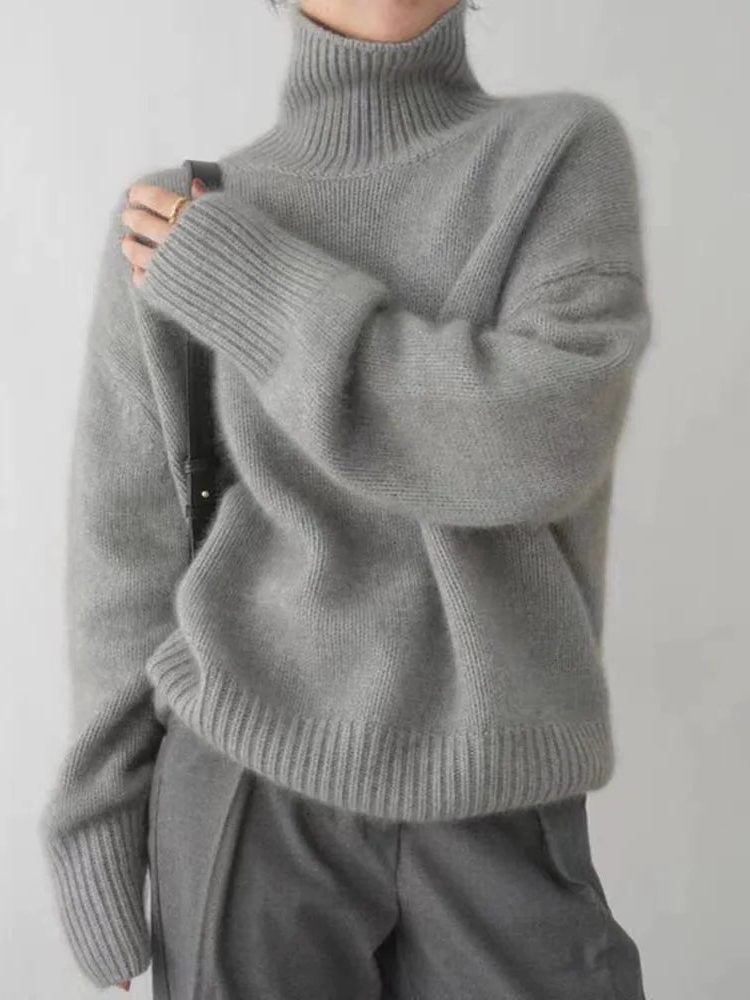 Damen Rollkragen Strickpullover Oversize - Grau