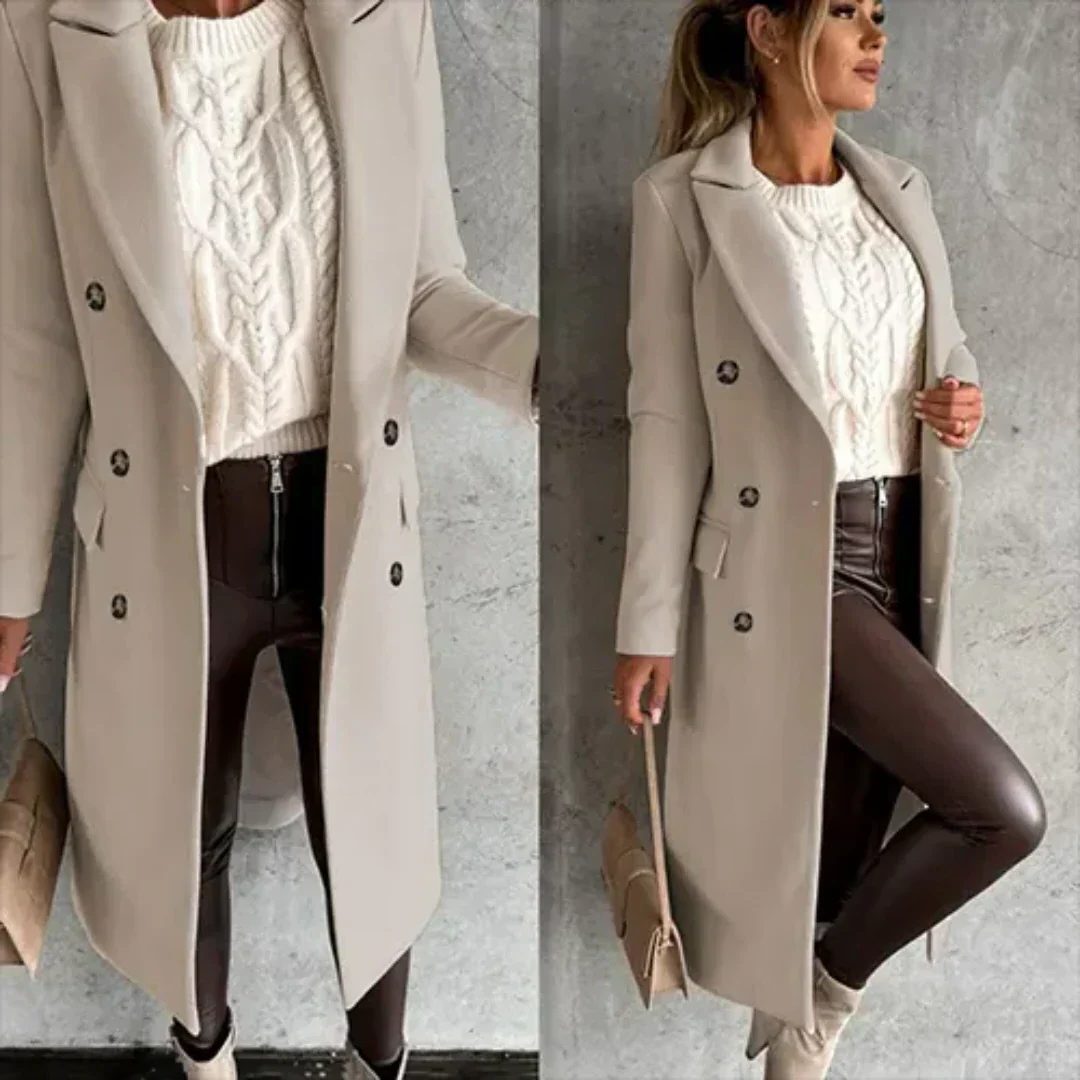 Damen Doppelreihiger Trenchcoat mit Lange Ärmeln - Beige