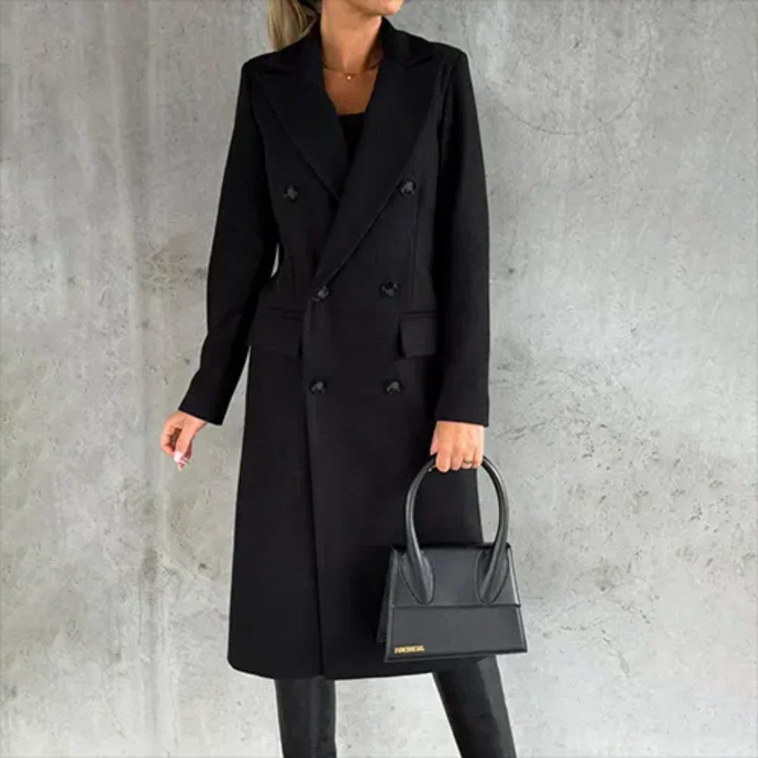 Damen Doppelreihiger Trenchcoat mit Lange Ärmeln - Schwarz