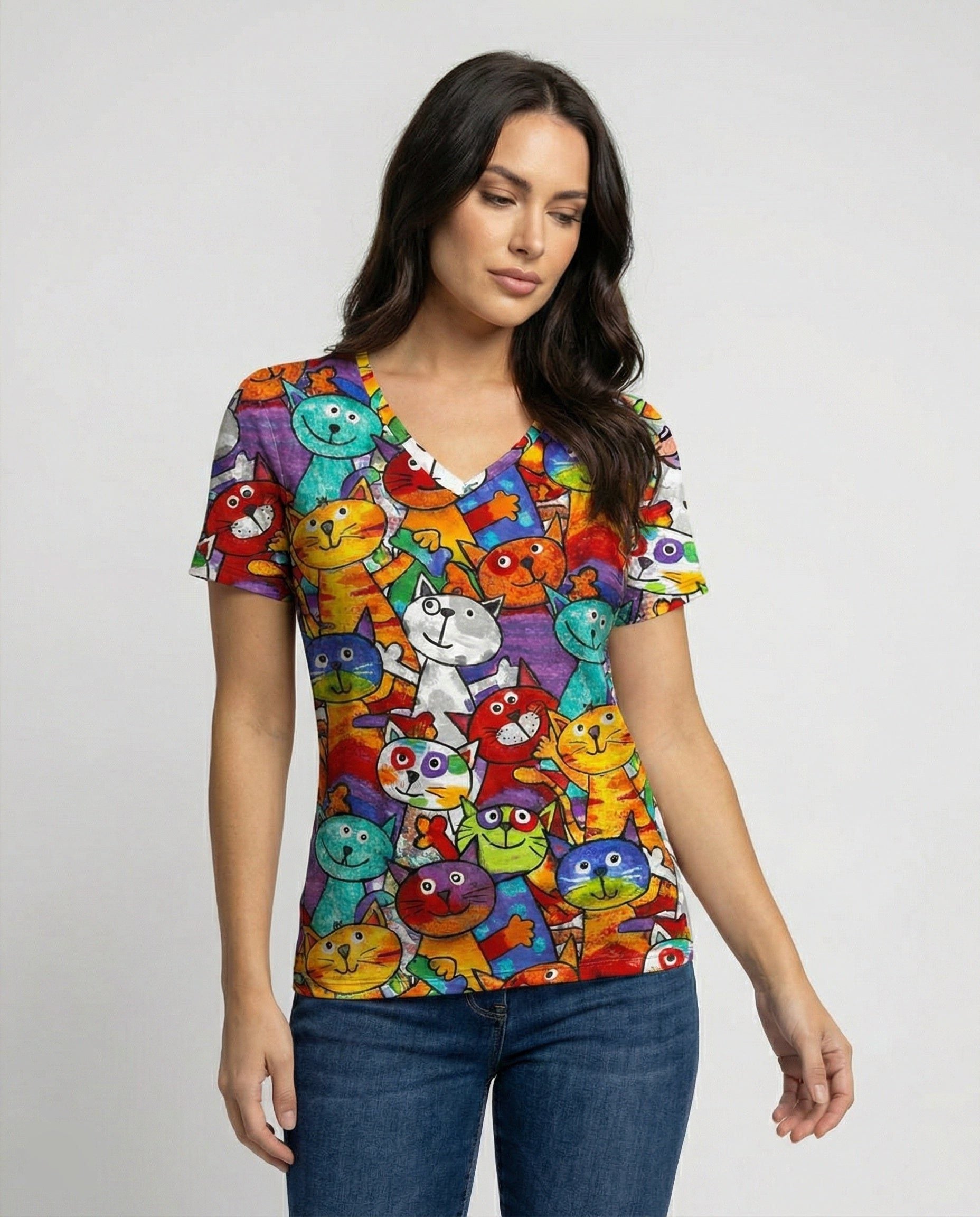 Damen T-Shirt mit V-Ausschnitt und Katzenmotiv