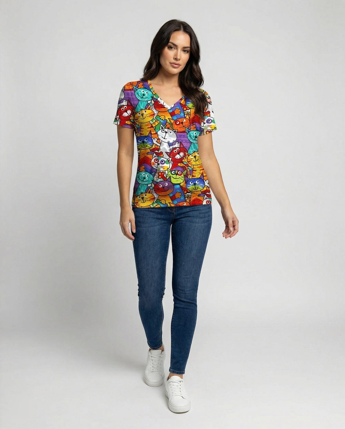 Damen T-Shirt mit V-Ausschnitt und Katzenmotiv - View 3