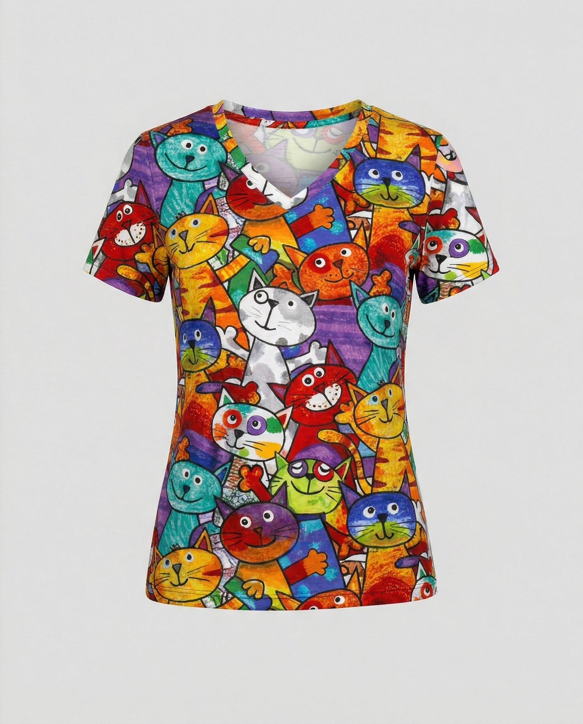 Damen T-Shirt mit V-Ausschnitt und Katzenmotiv - View 4