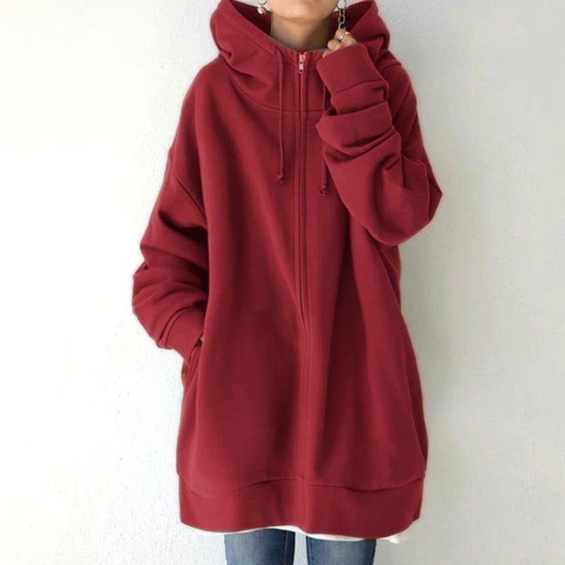 Damen Oversize-Hoodie mit Kapuze und Reissverschluss - Rot