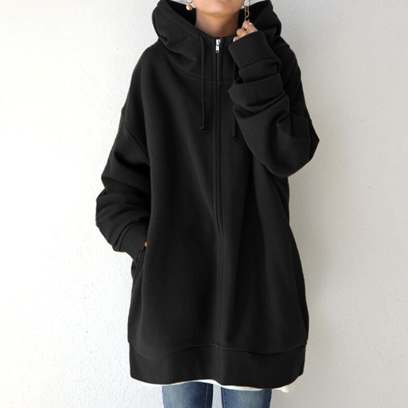 Damen Oversize-Hoodie mit Kapuze und Reissverschluss - Schwarz