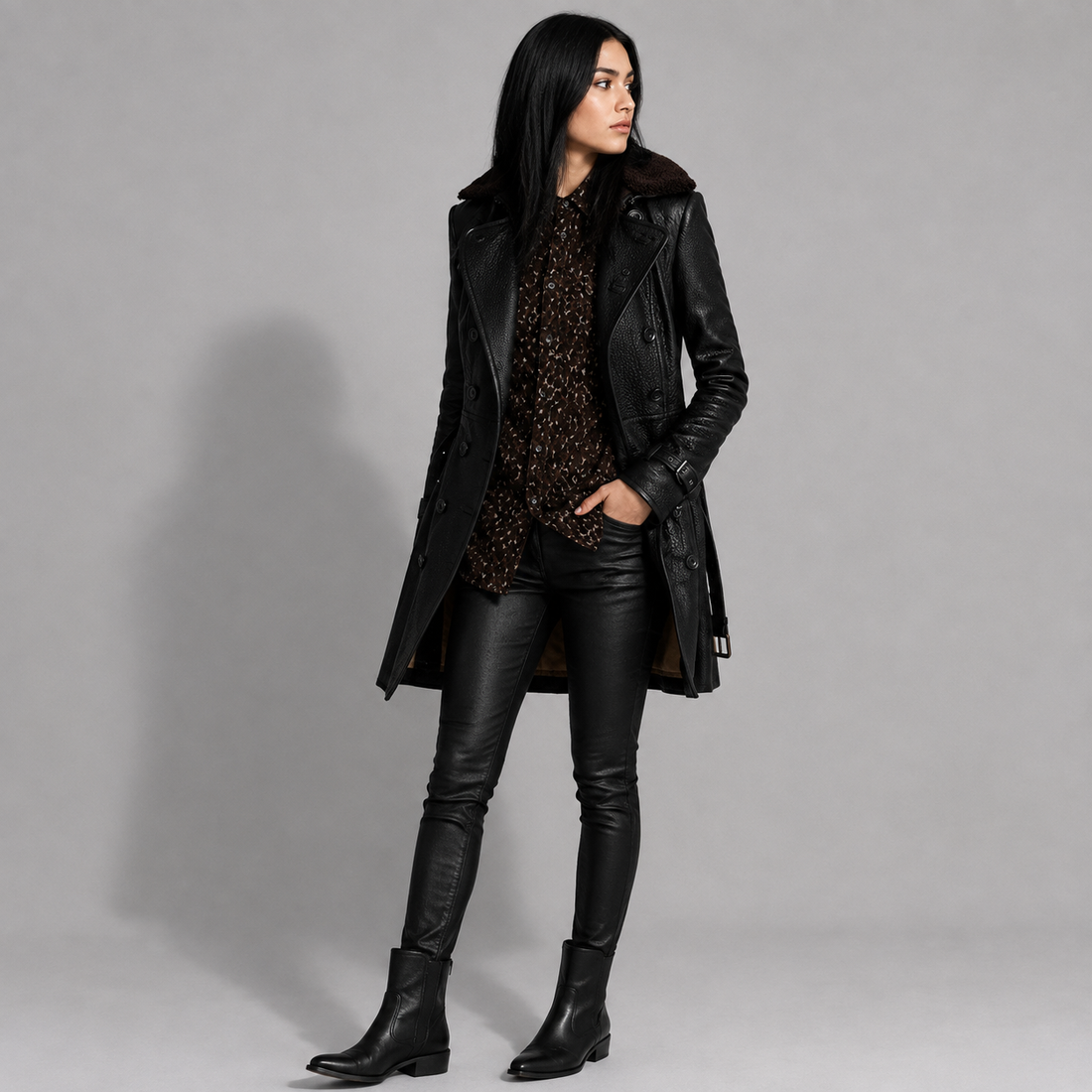 Damen Lederjacke mit Stehkragen und Umlegekragen