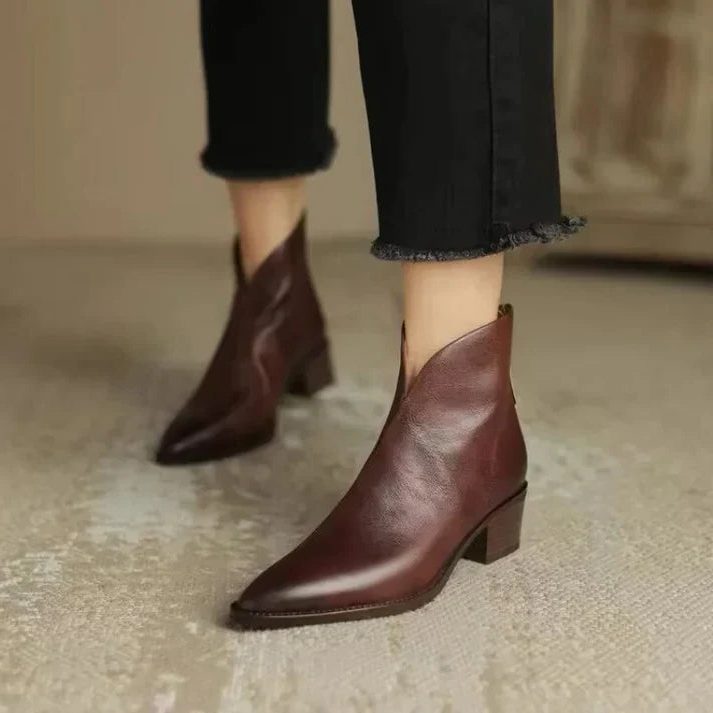 Damen Spitzschuh Stiefeletten mit Seitlichem Reissverschluss - Braun