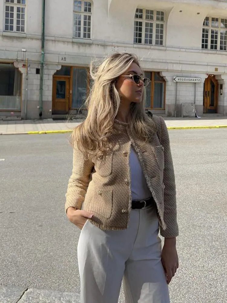 Damen Cropped Tweedjacke mit Knopfleiste - View 5