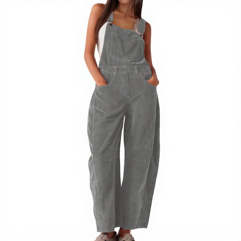 Damen Cord-Overall mit Weiten Beinen und Steekzakken - Grau