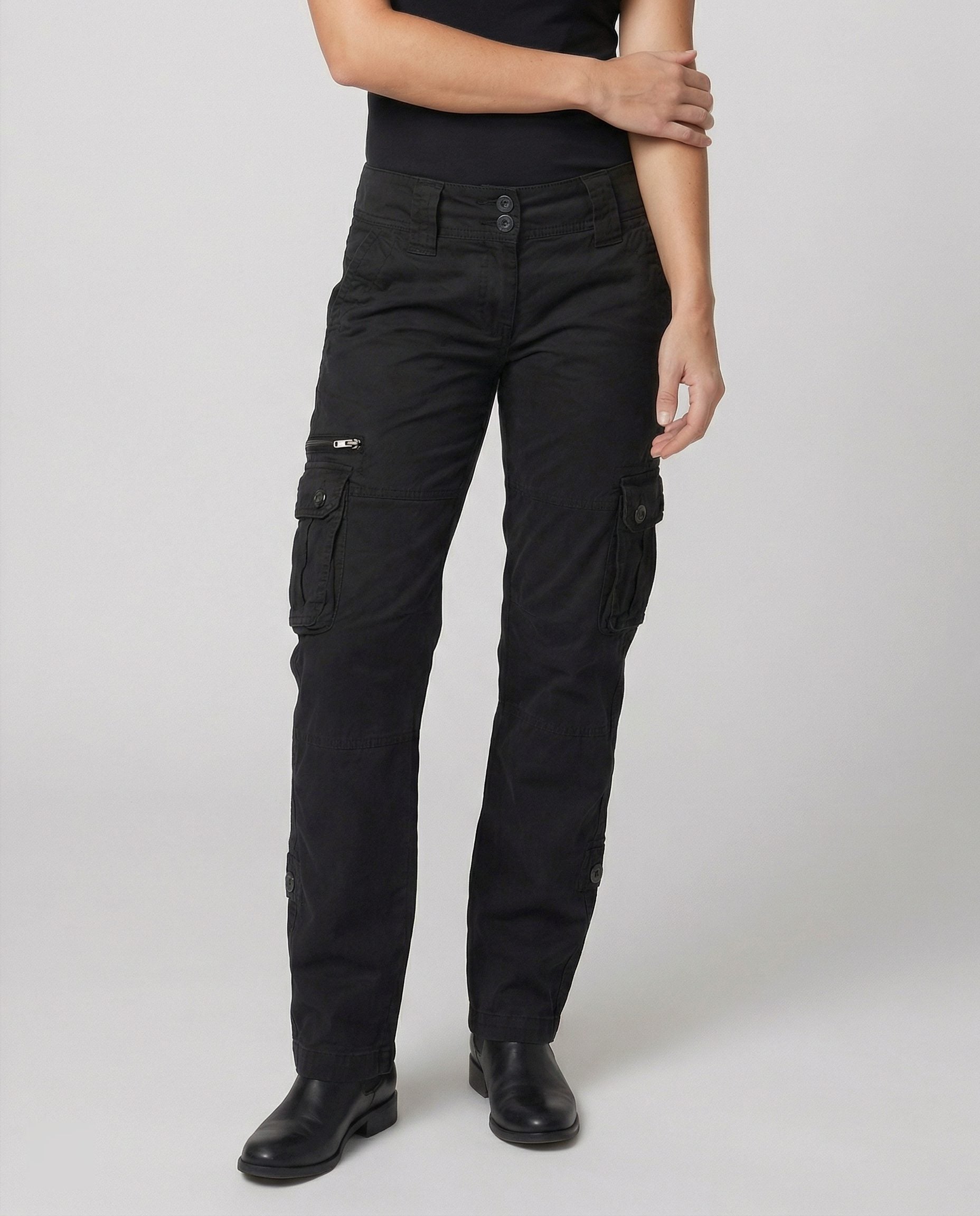 Damen Gerade Cargohose mit Praktischen Taschen - Schwarz