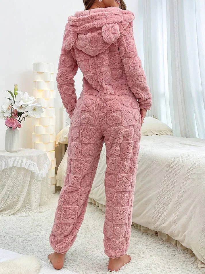 Damen Flauschiger Jumpsuit mit Kapuze und Herzenmuster