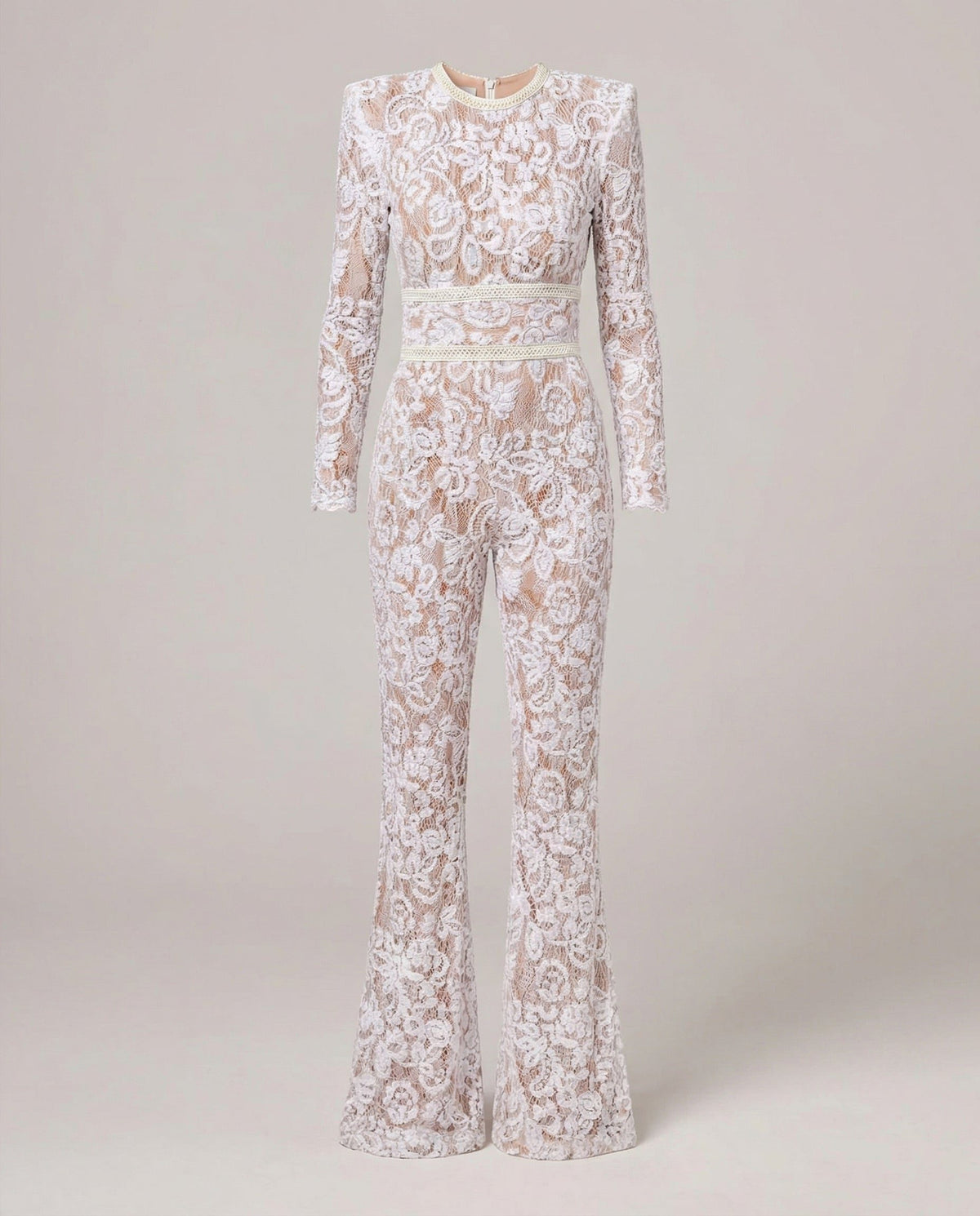 Damen Spitzen-Jumpsuit mit Langen Ärmeln und Ausgestelltem Bein - Weiss