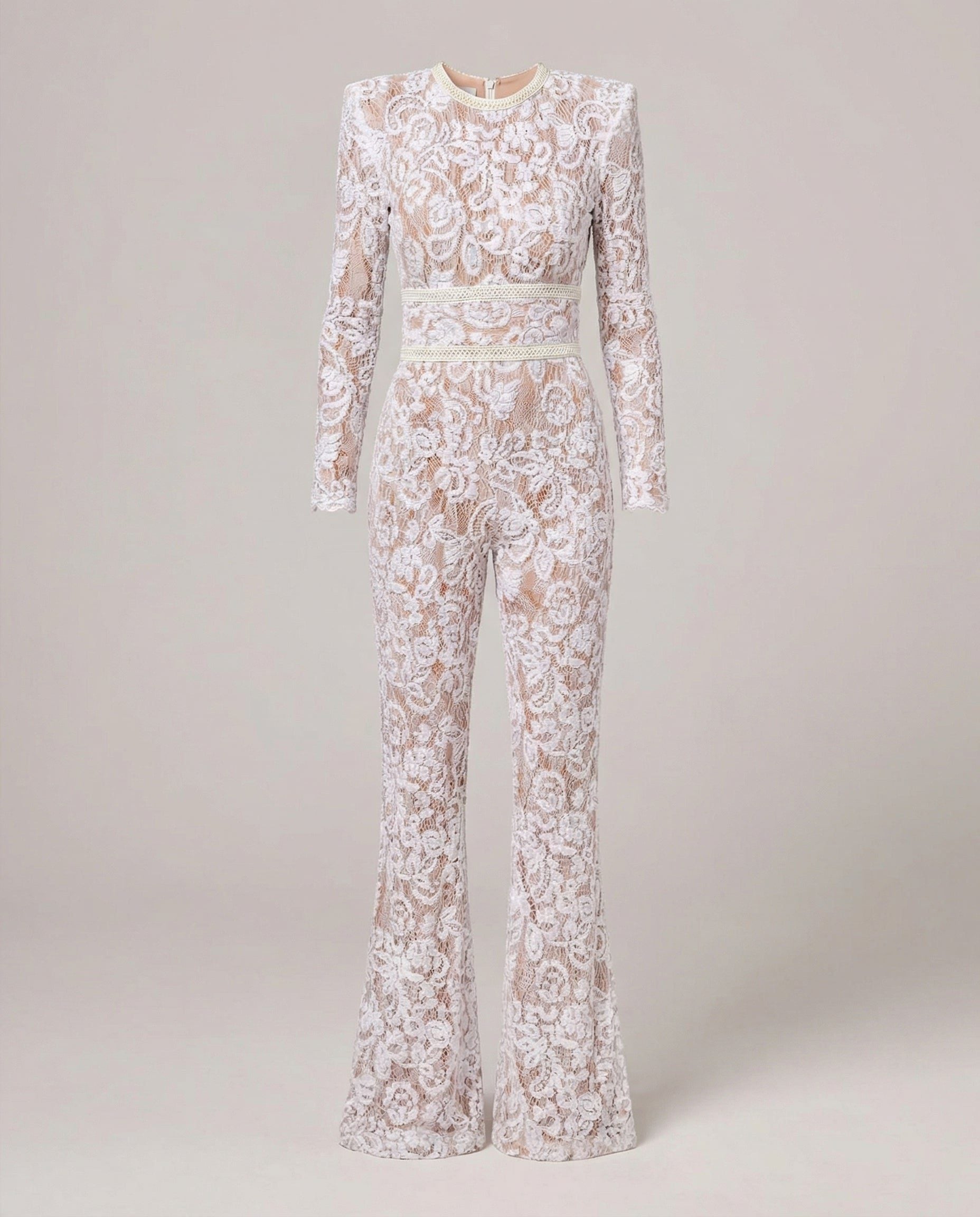 Damen Spitzen-Jumpsuit mit Langen Ärmeln und Ausgestelltem Bein - Weiss