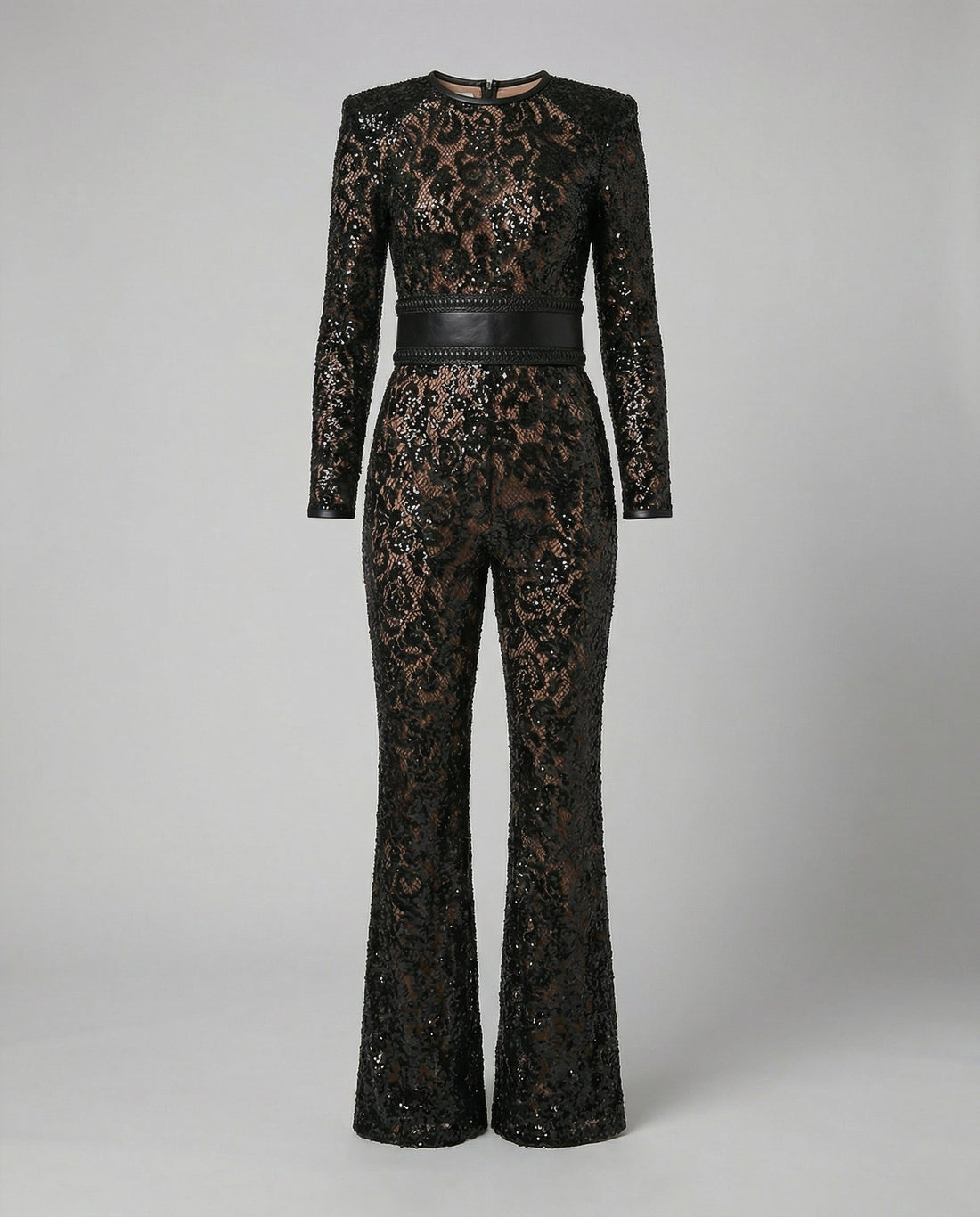 Damen Spitzen-Jumpsuit mit Langen Ärmeln und Ausgestelltem Bein