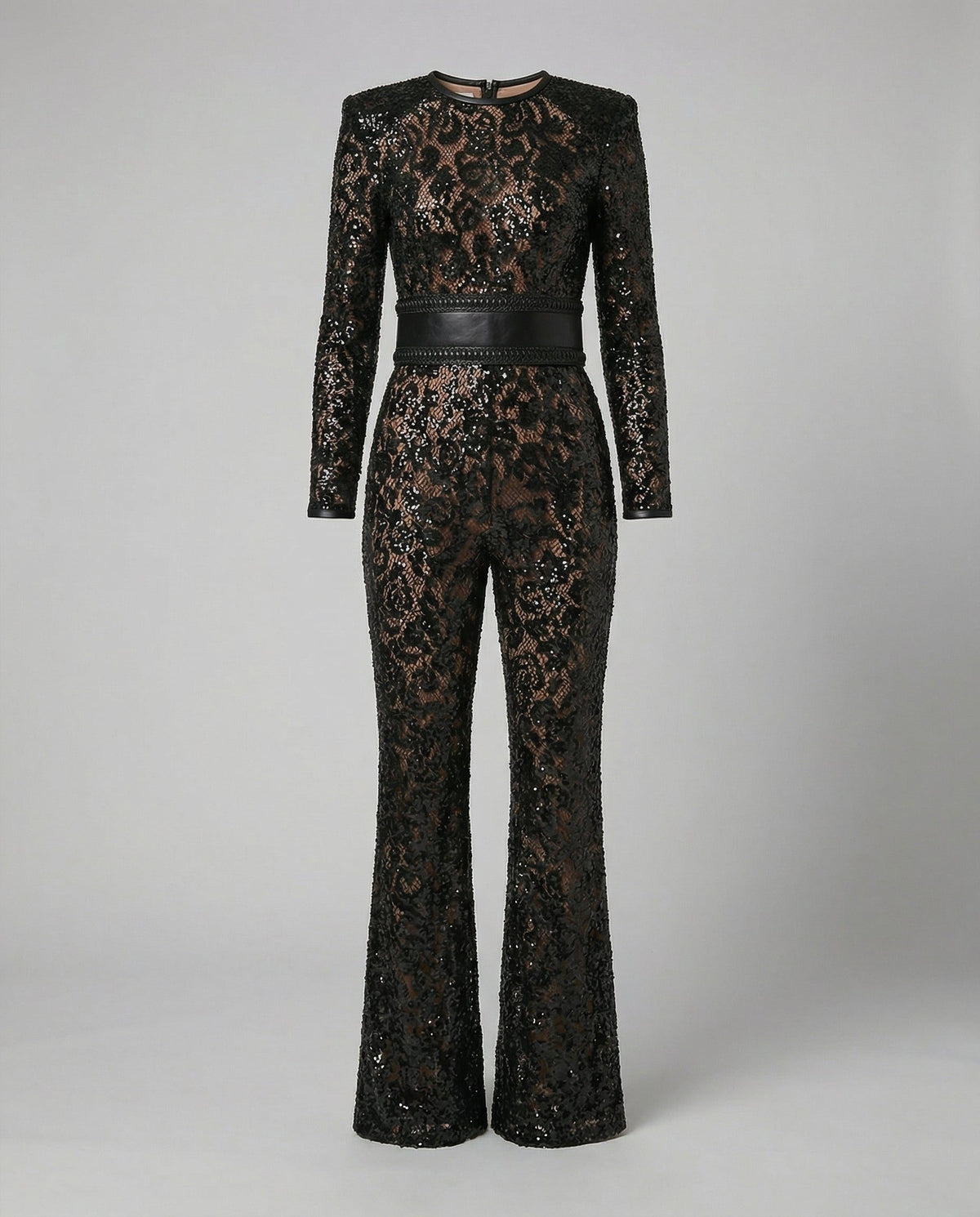 Damen Spitzen-Jumpsuit mit Langen Ärmeln und Ausgestelltem Bein - View 2